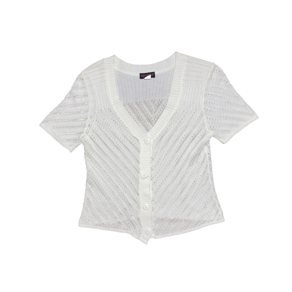 Knit Minded White Pointelle Short Sleeve Cardigan Sweater
